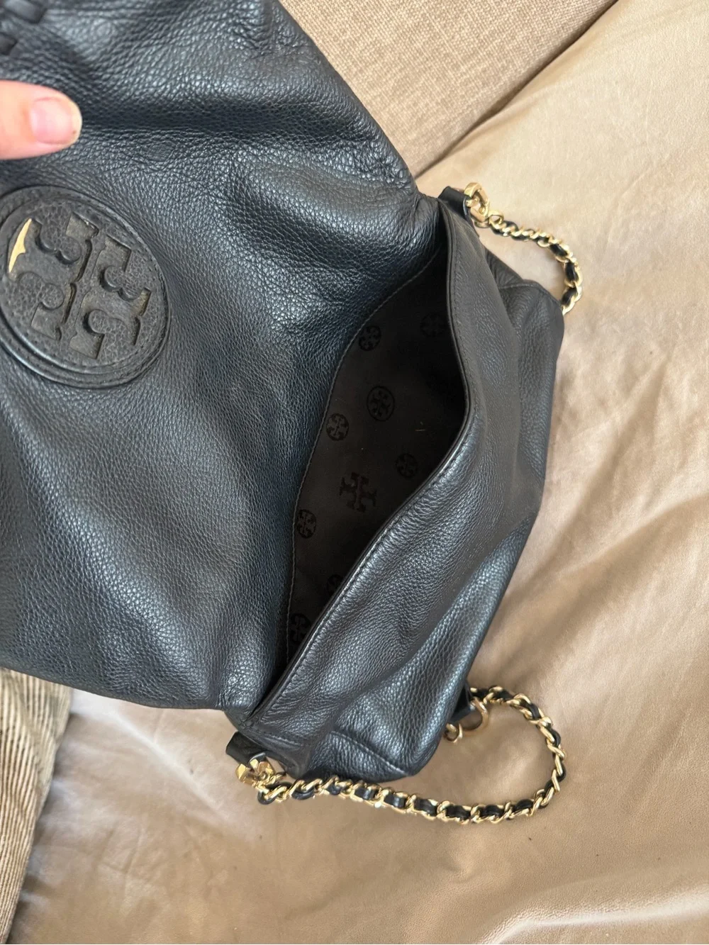 Tory Burch Black Leather Whipstitch Chain-Shoulder Bag